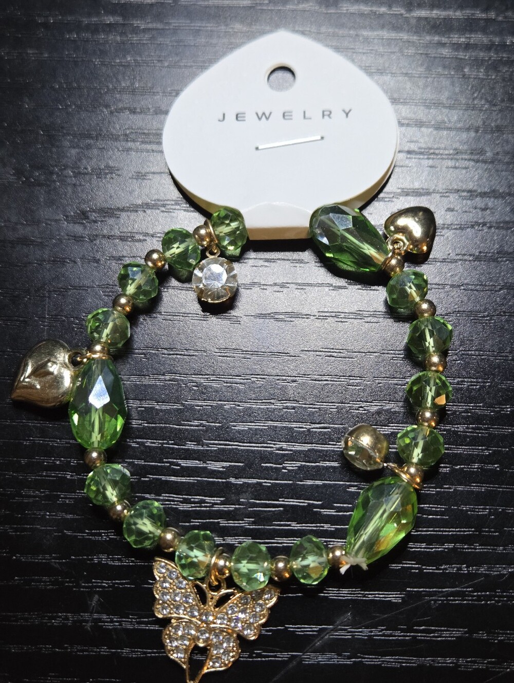 Chloe Accessory Gold Butterfly Charm Green Crystal Stretch Bracelet